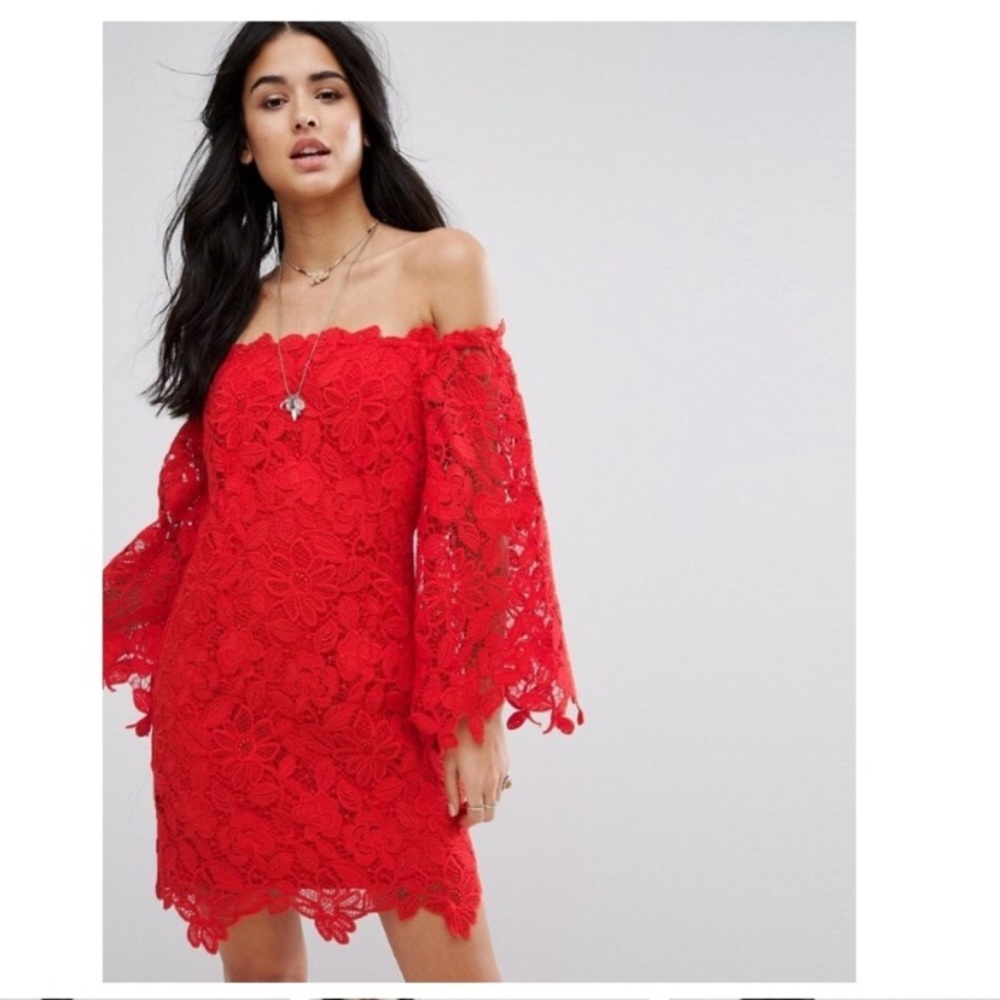 Free People Red off the shoulder Dusk Lace dress